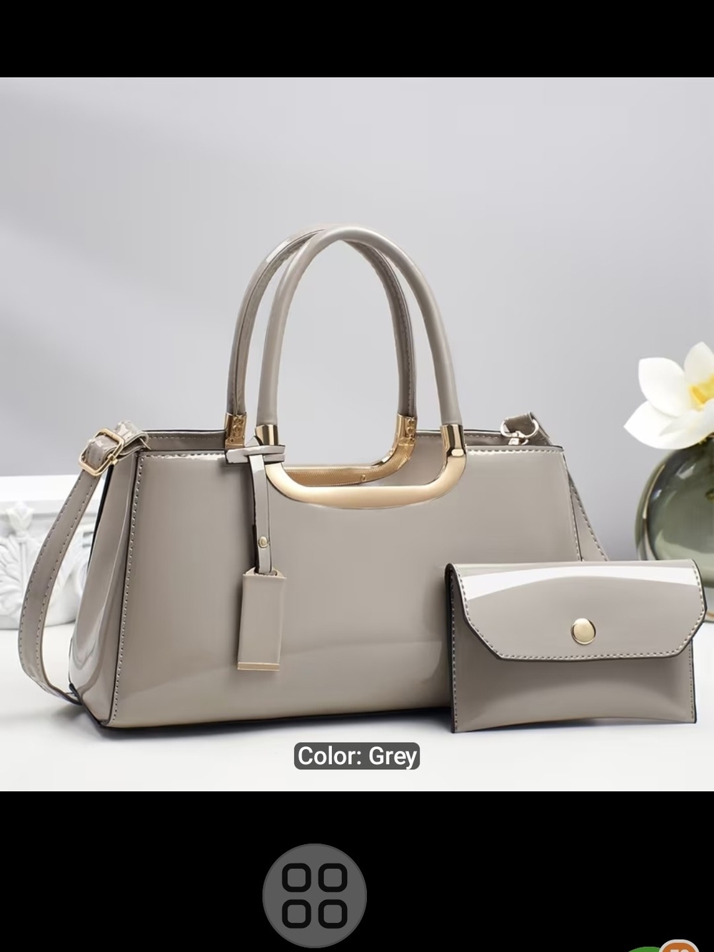 Elegant Grey Patent Tote Handbag with Matching Wallet